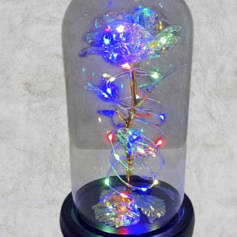 LOVE FOREVER LED ROSE -- Metallic Rose Inside Glass Dome, Lighted, LED, Like New